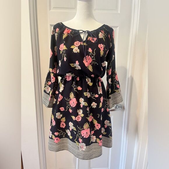 Le Lis Womens Eldon Dress Small Dark Blue Pink Floral Stripes Bell Sleeves - Picture 1 of 10